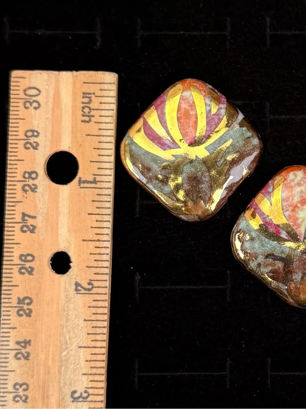 Vintage ceramic goldtone multicolored custom square pierced earrings